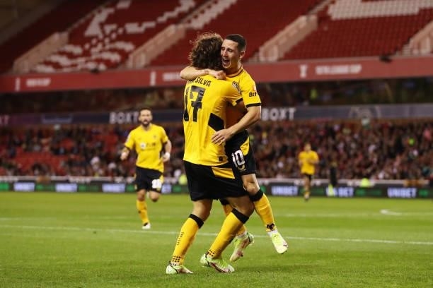 Daniel Podence of Wolverhampton Wanderers celebrates with teammate Fabio Silva after scoring their team's second goal during the Carabao Cup Second...