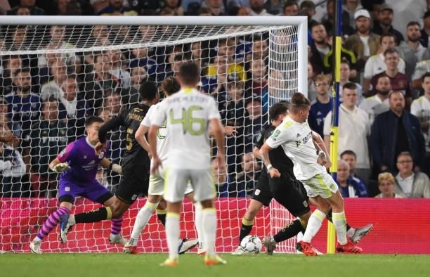 Leeds player Kalvin Phillips shoots to score the first Leeds goal during the Carabao Cup Second Round match between Leeds United and Crewe Alexandra...