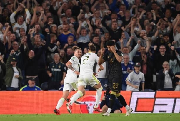 Leeds player Kalvin Phillips celebrates after scoring the first Leeds goal during the Carabao Cup Second Round match between Leeds United and Crewe...
