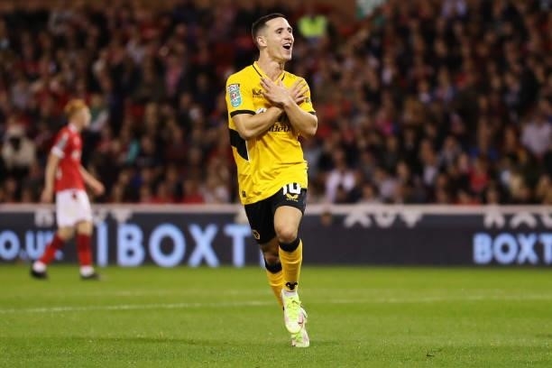 Daniel Podence of Wolverhampton Wanderers celebrates after scoring their team's second goal during the Carabao Cup Second Round match between...