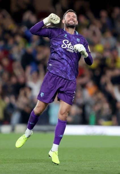 Ben Foster of Watford celebrates after the opening goal during the Carabao Cup second round match between Watford and Crystal Palace at Vicarage Road...