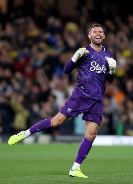 Ben Foster of Watford celebrates after the opening goal during the Carabao Cup second round match between Watford and Crystal Palace at Vicarage Road...
