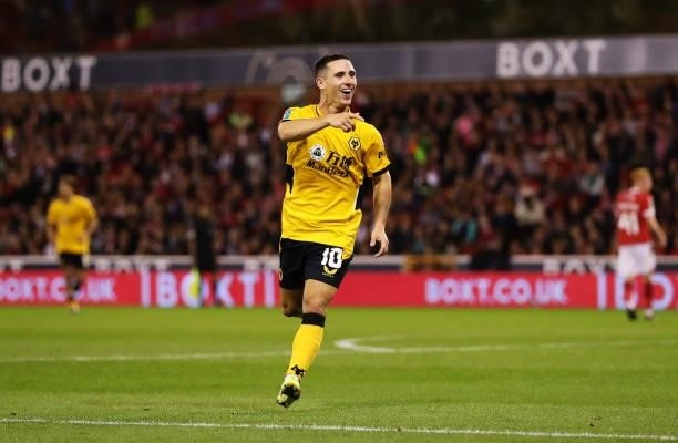 Daniel Podence of Wolverhampton Wanderers celebrates after scoring their team's second goal during the Carabao Cup Second Round match between...
