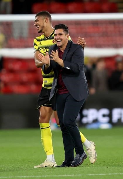 Ashley Fletcher of Watford and Xisco Muñoz the manager of Watford celebrate after the Carabao Cup second round match between Watford and Crystal...