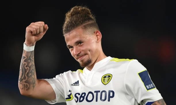 Leeds player Kalvin Phillips celebrates with fans after the Carabao Cup Second Round match between Leeds United and Crewe Alexandra at Elland Road on...
