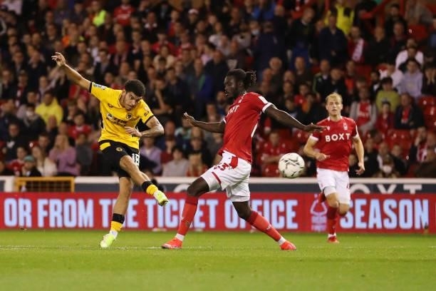 Morgan Gibbs-White of Wolverhampton Wanderers scores their team's fourth goal during the Carabao Cup Second Round match between Nottingham Forest and...