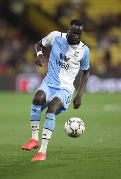 Cheikhou Kouyate of Palace in action during the Carabao Cup second round match between Watford and Crystal Palace at Vicarage Road Stadium on August...