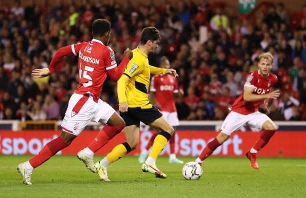 Francisco Trincao of Wolverhampton Wanderers scores their team's third goal during the Carabao Cup Second Round match between Nottingham Forest and...