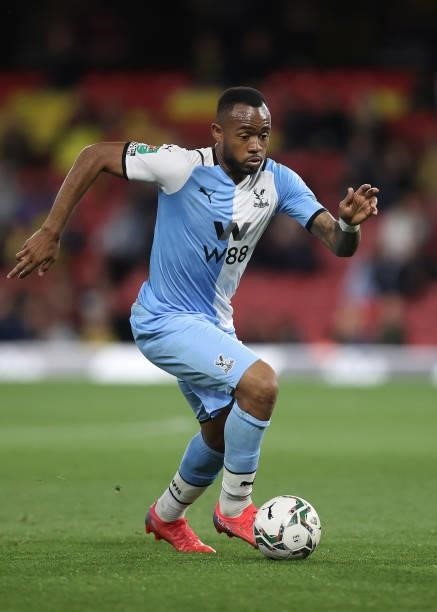 Jordan Ayew of Palace in action during the Carabao Cup second round match between Watford and Crystal Palace at Vicarage Road Stadium on August 24,...