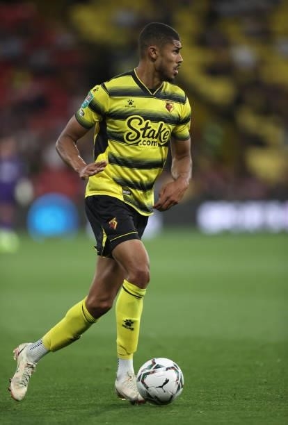 Ashley Fletcher of Watford in action during the Carabao Cup second round match between Watford and Crystal Palace at Vicarage Road Stadium on August...