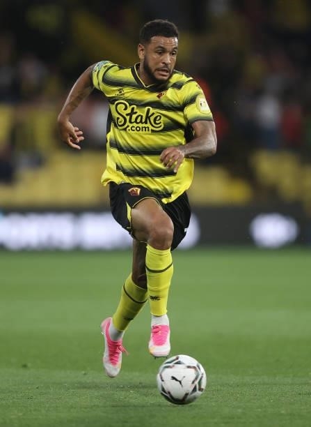 Joshua King of Watford in action during the Carabao Cup second round match between Watford and Crystal Palace at Vicarage Road Stadium on August 24,...