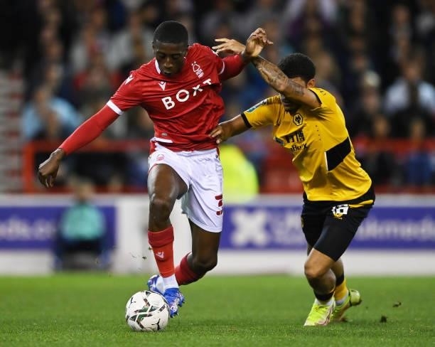 Tyrese Fornah of Nottingham Forest battles for possession with Morgan Gibbs-White of Wolverhampton Wanderers during the Carabao Cup Second Round...