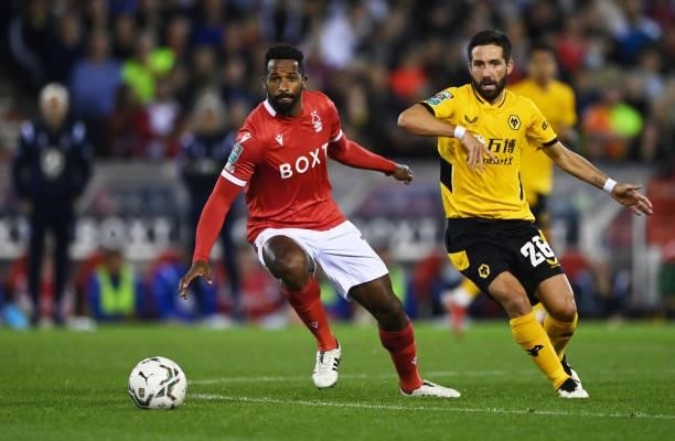 Cafu of Nottingham Forest turns away from Joao Moutinho of Wolverhampton Wanderers during the Carabao Cup Second Round match between Nottingham...