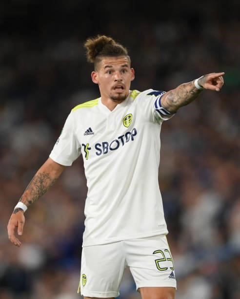 Leeds player Kalvin Phillips reacts during the Carabao Cup Second Round match between Leeds United and Crewe Alexandra at Elland Road on August 24,...
