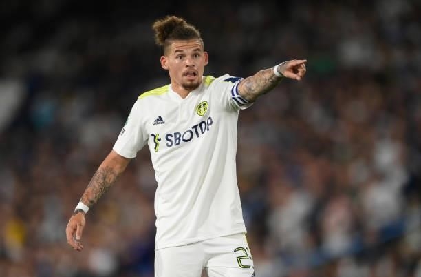 Leeds player Kalvin Phillips reacts during the Carabao Cup Second Round match between Leeds United and Crewe Alexandra at Elland Road on August 24,...