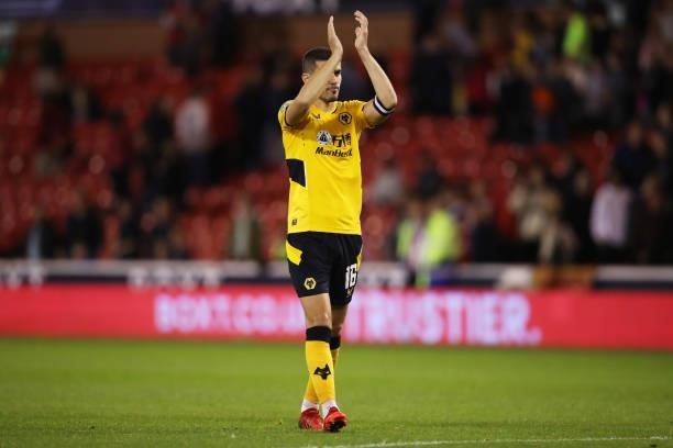 Conor Coady of Wolverhampton Wanderers applauds fans after the Carabao Cup Second Round match between Nottingham Forest and Wolverhampton Wanderers...