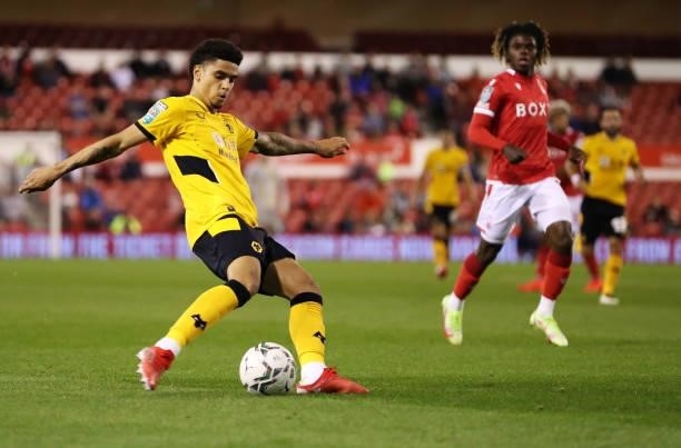 Ki-Jana Hoever of Wolverhampton Wanderers crosses the ball during the Carabao Cup Second Round match between Nottingham Forest and Wolverhampton...