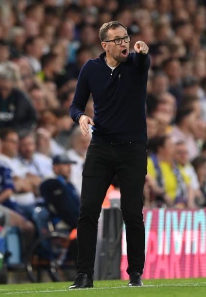 Crewe manager David Artell makes a point on the touchline during the Carabao Cup Second Round match between Leeds United and Crewe Alexandra at...