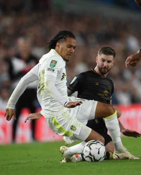 Leeds player Helder Costa is fouled by Crewe captain Luke Murphy during the Carabao Cup Second Round match between Leeds United and Crewe Alexandra...