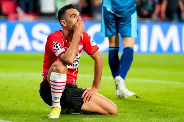 Eran Zahavi of PSV looks dejected after missing a scoring chance during the UEFA Champions League Play-Offs Leg Two match between PSV and Benfica at...
