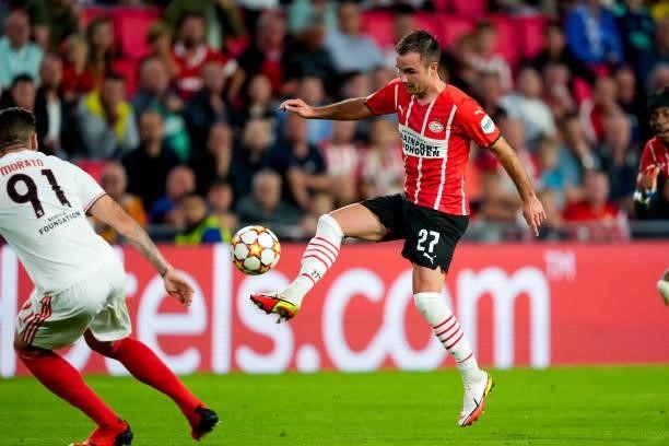 Mario Gotze of PSV during the UEFA Champions League Play-Offs Leg Two match between PSV and Benfica at Philips Stadion on August 24, 2021 in...