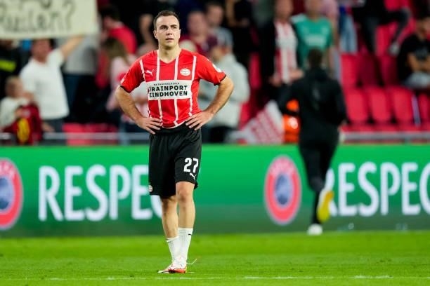 Mario Gotze of PSV looks dejected during the UEFA Champions League Play-Offs Leg Two match between PSV and Benfica at Philips Stadion on August 24,...