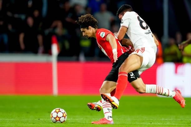 Andre Ramalho of PSV is fouled by Goncalo Ramos of Benfica during the UEFA Champions League Play-Offs Leg Two match between PSV and Benfica at...