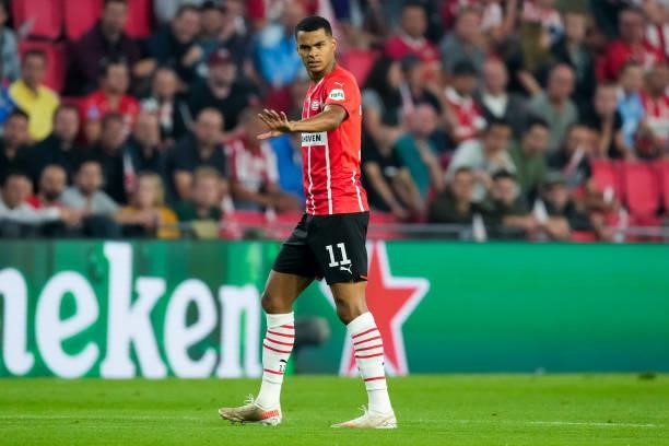 Cody Gakpo of PSV during the UEFA Champions League Play-Offs Leg Two match between PSV and Benfica at Philips Stadion on August 24, 2021 in...