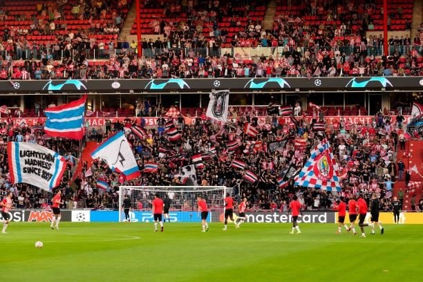 Fans of PSV during the UEFA Champions League Play-Offs Leg Two match between PSV and Benfica at Philips Stadion on August 24, 2021 in Eindhoven,...