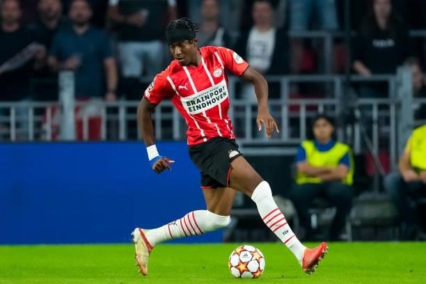 Noni Madueke of PSV during the UEFA Champions League Play-Offs Leg Two match between PSV and Benfica at Philips Stadion on August 24, 2021 in...