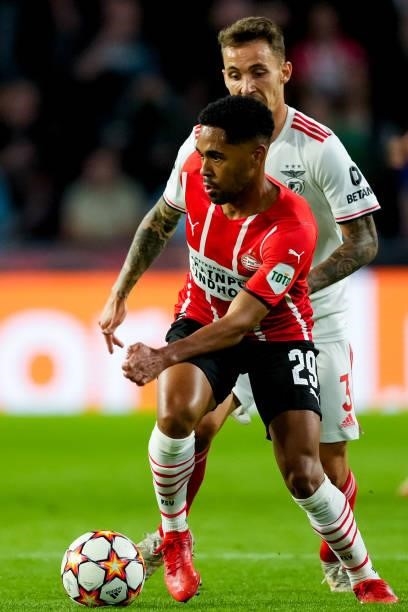 Phillipp Mwene of PSV during the UEFA Champions League Play-Offs Leg Two match between PSV and Benfica at Philips Stadion on August 24, 2021 in...