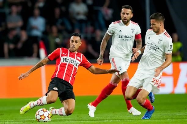 Eran Zahavi of PSV and Julian Weigl of Benfica during the UEFA Champions League Play-Offs Leg Two match between PSV and Benfica at Philips Stadion on...