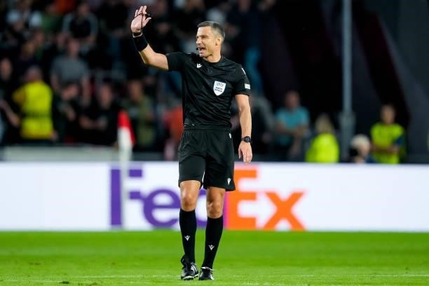 Referee Slavko Vincic during the UEFA Champions League Play-Offs Leg Two match between PSV and Benfica at Philips Stadion on August 24, 2021 in...