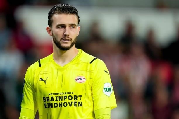 Joel Drommel of PSV during the UEFA Champions League Play-Offs Leg Two match between PSV and Benfica at Philips Stadion on August 24, 2021 in...