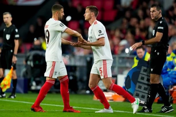 Adel Taarabt of Benfica is substituted for Jan Vertonghen of Benfica during the UEFA Champions League Play-Offs Leg Two match between PSV and Benfica...