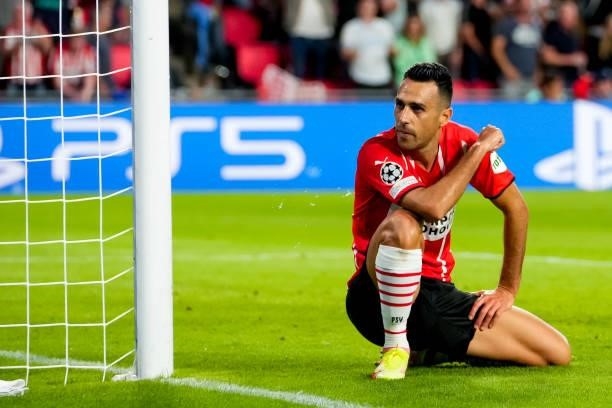 Eran Zahavi of PSV looks dejected after missing a scoring chance during the UEFA Champions League Play-Offs Leg Two match between PSV and Benfica at...