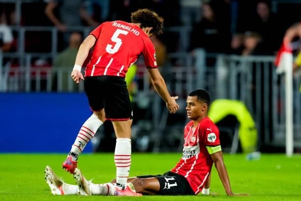 Cody Gakpo of PSV looks dejected during the UEFA Champions League Play-Offs Leg Two match between PSV and Benfica at Philips Stadion on August 24,...