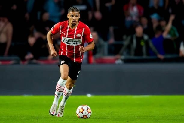 Armando Obispo of PSV during the UEFA Champions League Play-Offs Leg Two match between PSV and Benfica at Philips Stadion on August 24, 2021 in...