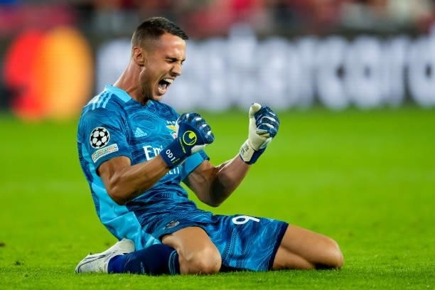 Odisseas Vlachodimos of Benfica celebrates during the UEFA Champions League Play-Offs Leg Two match between PSV and Benfica at Philips Stadion on...