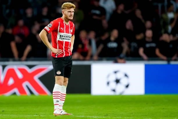 Yorbe Vertessen of PSV looks dejected during the UEFA Champions League Play-Offs Leg Two match between PSV and Benfica at Philips Stadion on August...