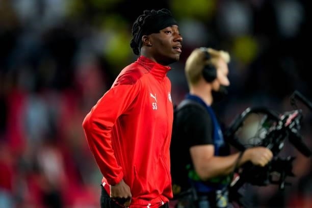 Noni Madueke of PSV looks dejected during the UEFA Champions League Play-Offs Leg Two match between PSV and Benfica at Philips Stadion on August 24,...