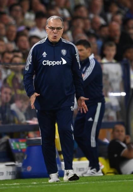 Leeds manager Marcelo Bielsa looks on from the touchline during the Carabao Cup Second Round match between Leeds United and Crewe Alexandra at Elland...