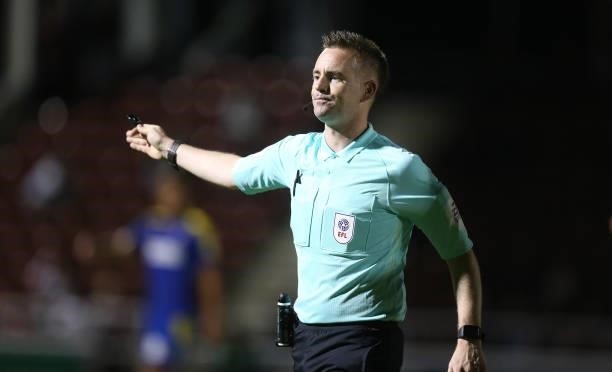 Referee Ross Joyce in action during the Carabao Cup 2nd Round match between Northampton Town and AFC Wimbledon at Sixfields on August 24, 2021 in...