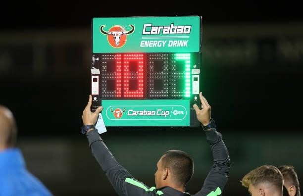 The substitute board is seen during the Carabao Cup 2nd Round match between Northampton Town and AFC Wimbledon at Sixfields on August 24, 2021 in...
