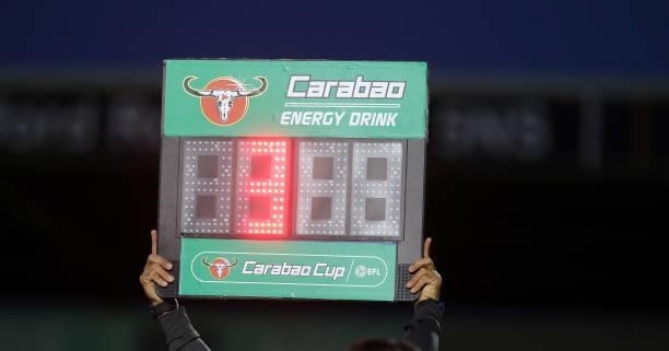 The substitute board is seen during the Carabao Cup 2nd Round match between Northampton Town and AFC Wimbledon at Sixfields on August 24, 2021 in...