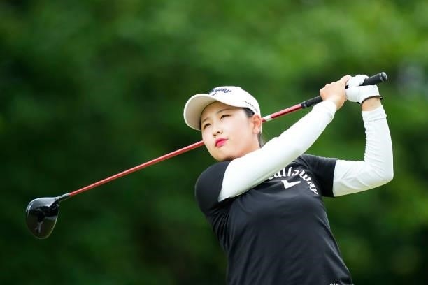 Hana Lee of South Korea hits her tee shot on the first hole during the first round of the San-In Goen Musubi Ladies at Daisenheigen Golf Club on...