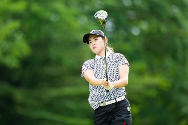 Mirai Hamasaki of Japan reacts after hitting her tee shot on the first hole during the first round of the San-In Goen Musubi Ladies at Daisenheigen...