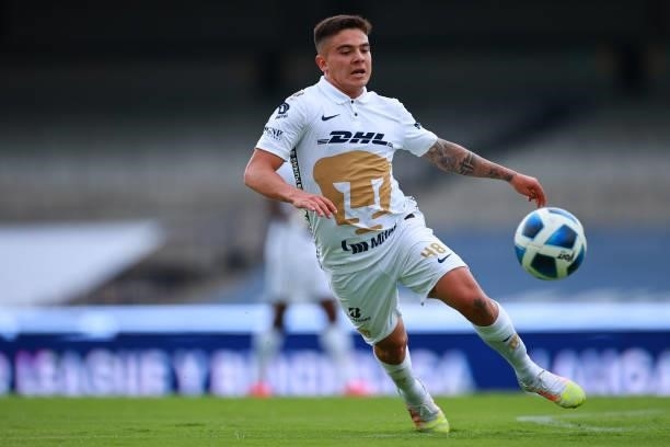 Marco Garcia of Pumas UNAM drives the ball during the 6th round match between Pumas UNAM and Puebla as part of the Torneo Grita Mexico A21 Liga MX at...