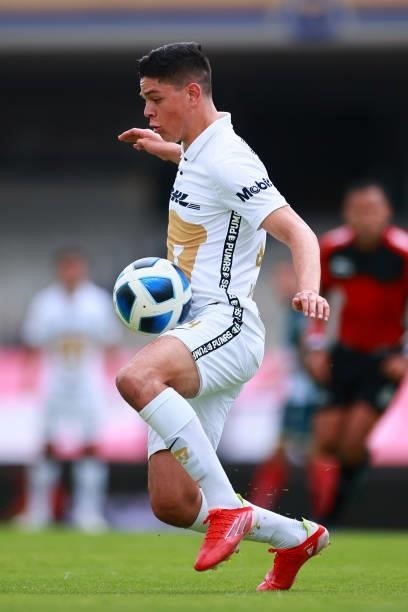 Amaury Garcia of Pumas UNAM drives the ball during the 6th round match between Pumas UNAM and Puebla as part of the Torneo Grita Mexico A21 Liga MX...