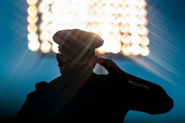 Police officer looks on before a game between the Boston Red Sox and the. Minnesota Twins at Fenway Park on August 24, 2021 in Boston, Massachusetts.